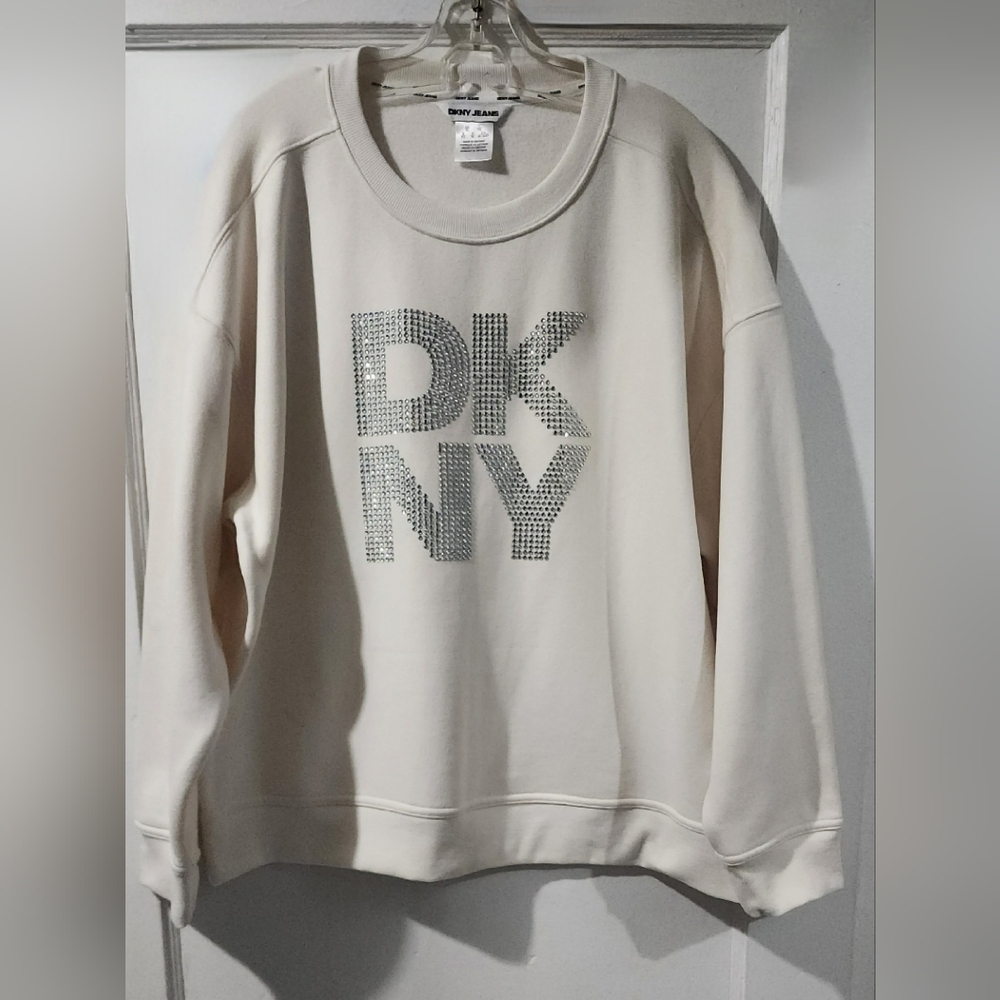 NWOT DKNY Cream Crewneck Sweatshirt with Rhinestone Logo size:XL